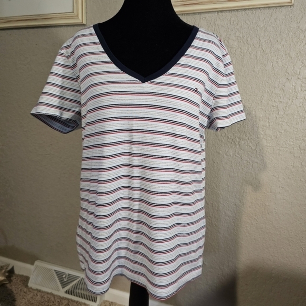 Tommy Hilfiger Womens XL Striped V-Neck T-Shirt Red White Blue Cotton